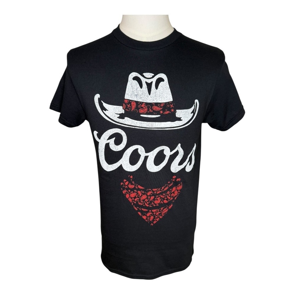 Coors Banquet Graphic T-Shirt Cowboy Hat Bandana‎ Black Small NWT